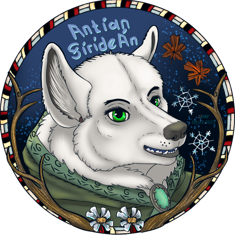 anthro antlers blue_tongue circle cloak clothed clothing fully_clothed fur gem green_eyes horn jewelry leaf male maple_leaf open_mouth outside plant profile ring sky smile snowflake solo teeth text tongue user_avatar white_body white_fur fleety_(artist) antian_siridean arctic_wolf canid canine canis mammal wolf 1:1 alpha_channel bust_portrait digital_media_(artwork) icon portrait