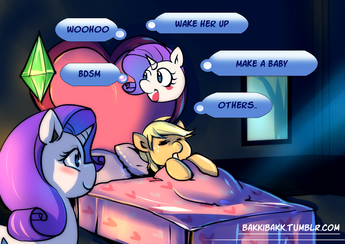 bed blonde_hair blue_eyes blush duo eyes_closed female furniture gem hair heart_symbol horn pillow plumbob purple_hair sleeping text bakki electronic_arts friendship_is_magic hasbro maxis_(ea) my_little_pony mythology the_sims applejack_(mlp) rarity_(mlp) earth_pony equid equine horse mammal mythological_creature mythological_equine pony unicorn 2014 crossover english_text