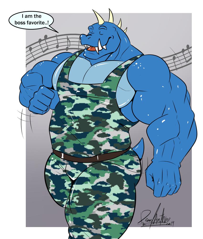 anthro belt biceps blue_body clothing eyes_closed male military_uniform muscular muscular_anthro muscular_male pecs singing solo teeth uniform walking deadanthro donkey_kong_(series) nintendo krusha crocodile crocodilian lizard reptile scalie