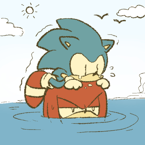 annoyed anthro black_eyes blue_body blue_fur bodily_fluids carrying_another chibi clothing cloud crying duo footwear fur gloves handwear humor male on_head on_top partially_submerged red_body red_fur scared shaking shoes sky swimming tears water young young_anthro sikai sega sonic_the_hedgehog_(series) knuckles_the_echidna sonic_the_hedgehog echidna eulipotyphlan hedgehog mammal monotreme 1:1 low_res