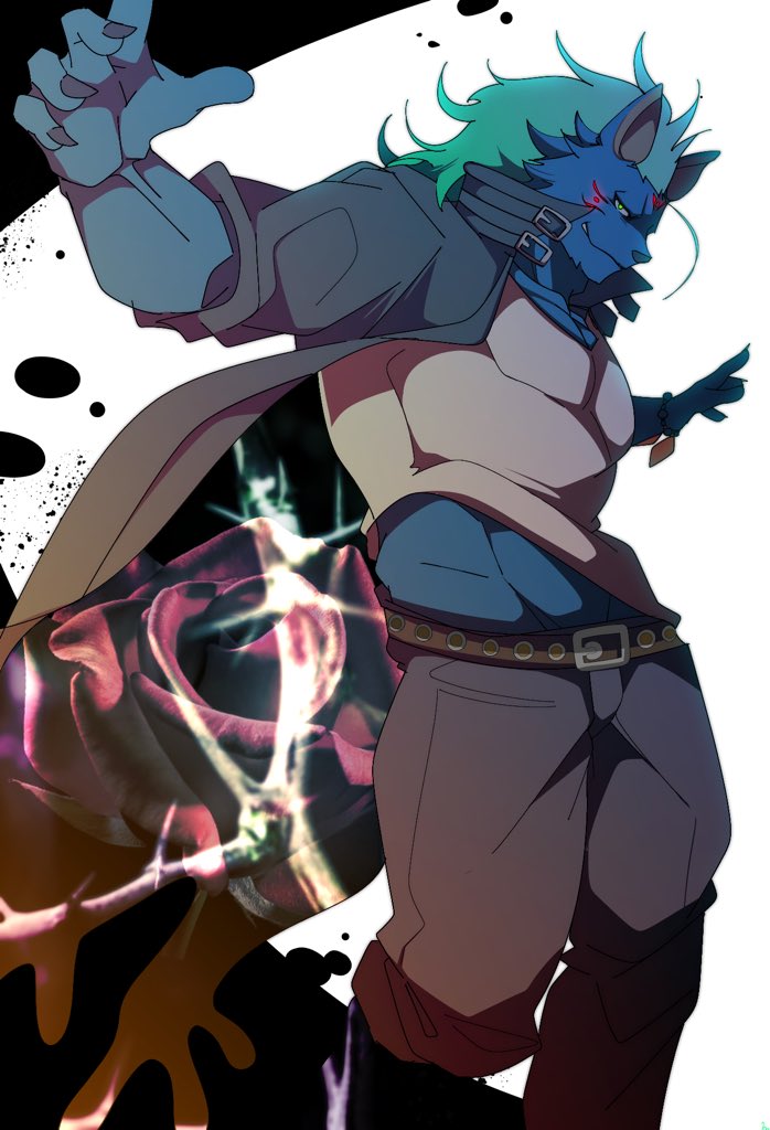 abs blue_body blue_fur clothed clothing fully_clothed fur green_hair hair jacket long_hair male muscular muscular_male solo topwear crow_hurt lifewonders tokyo_afterschool_summoners nyarlathotep_(tas) hyena mammal striped_hyena