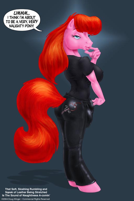 anthro bottomwear clothing gynomorph intersex pants pre-g4 solo text tight_bottomwear tight_clothing tight_pants doug_winger hasbro my_little_pony cherryfiller fan_character 2004 2:3 english_text