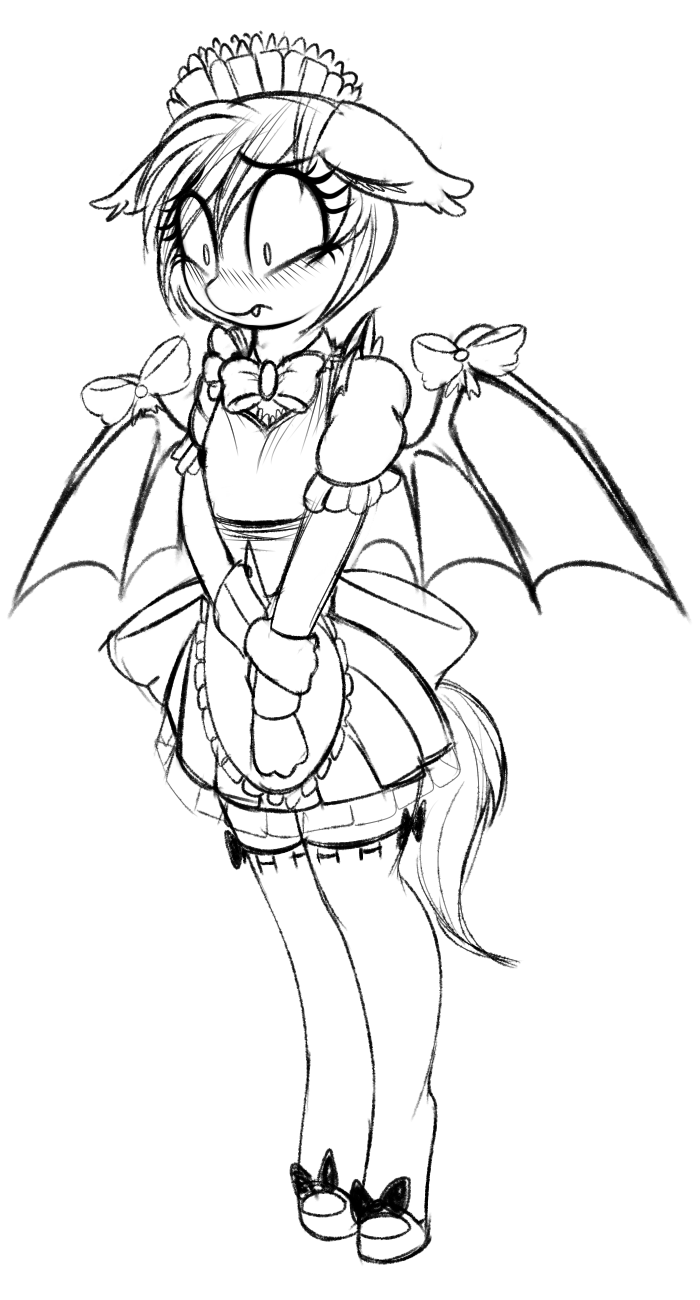 anthro bat_wings biped blush clothed clothing fangs female maid_uniform membrane_(anatomy) membranous_wings solo standing teeth uniform wings replica_(artist) hasbro my_little_pony fan_character nolegs_(oc) bat_pony equid mammal 2016 hi_res monochrome sketch