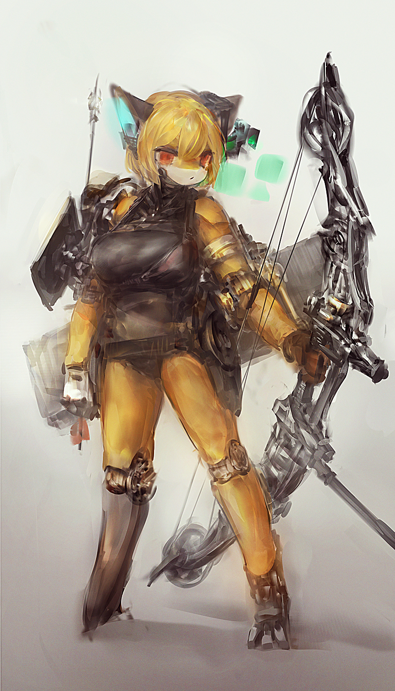 anthro armor arrow_(weapon) big_breasts blonde_hair body_armor bow_(weapon) breasts clothed clothing compound_bow cybernetic_arm cybernetic_leg cybernetic_limb cybernetics female fur hair hud kemono machine multicolored_body multicolored_fur painting ranged_weapon red_eyes rocket_launcher serious shirt simple_background solo standing tank_top topwear two_tone_body two_tone_fur visor weapon white_background white_body white_fur yellow_body yellow_fur eiminsansan canid canine cyborg fox mammal 4:7 hi_res