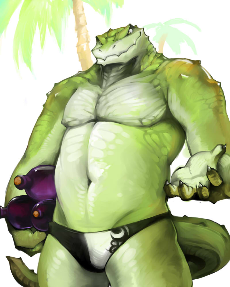 anthro bottle bulge clothed clothing container cork countershading green_body green_scales male muscular muscular_anthro muscular_male nipples palm_tree plant scales slightly_chubby solo speedo stocky swimwear tail tree vu06 alligator alligatorid crocodilian reptile scalie 4:5