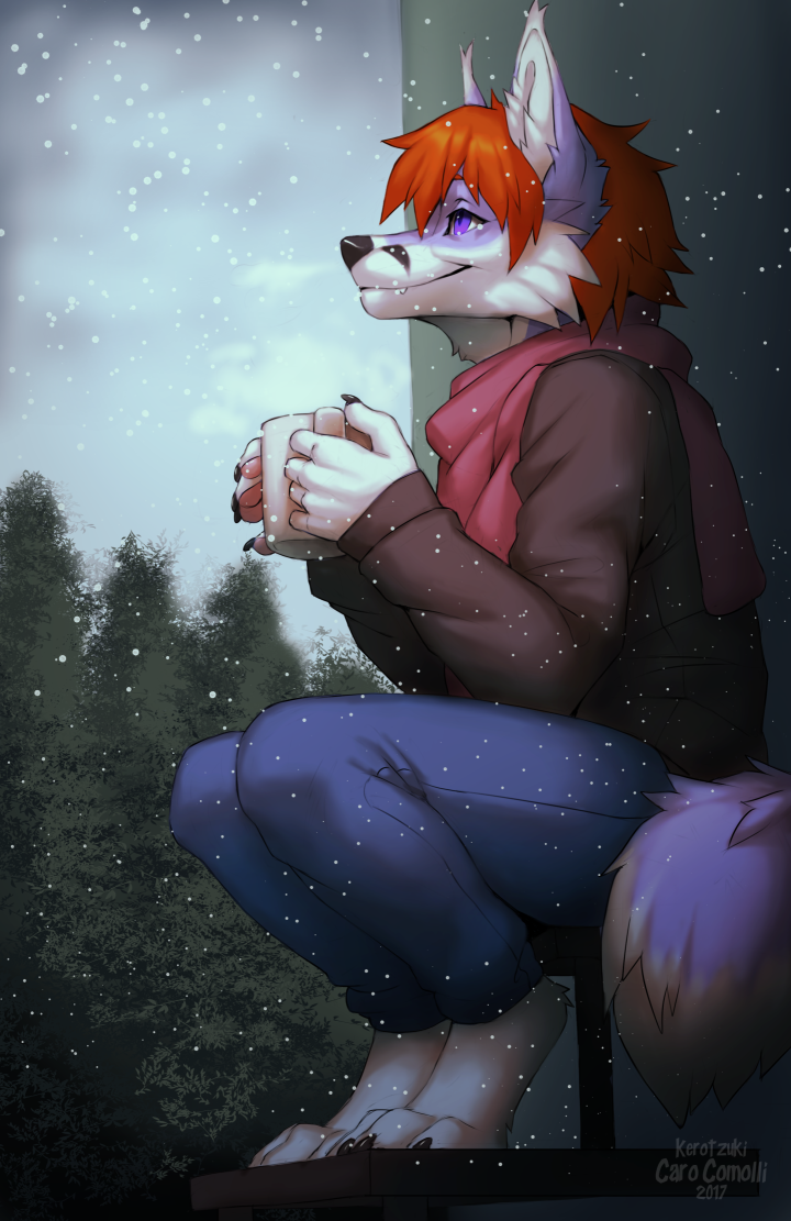 4_toes 5_fingers anthro barefoot black_nose bottomwear clothing coffee_mug container cup day detailed_background digitigrade feet fingers hair orange_hair outerwear outside pants peaceful plant purple_eyes smile snow snowing solo toes tranquil tree kero_tzuki canid canine fox mammal 2017