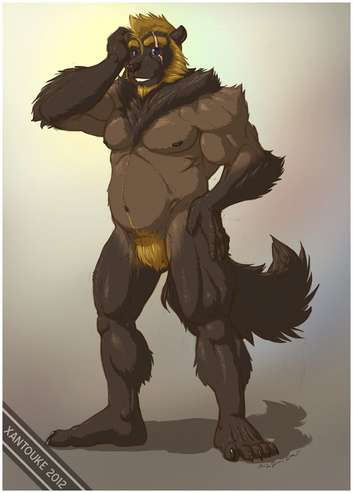 anthro biceps big_muscles blonde_hair blue_eyes border fur hair looking_at_viewer male muscular muscular_anthro muscular_male nipples nude pose scar solo white_border xantouke kuzuri gulonine mammal mustelid musteline wolverine