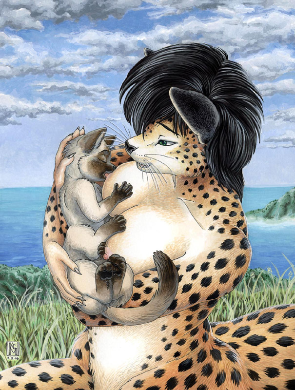 age_difference ambiguous_gender black_hair black_pawpads blue_sky breastfeeding breasts claws cloud detailed_background duo female fur grass green_eyes hair markings nature nipples older_female outside pawpads plant sea sky spots spotted_body spotted_fur water whiskers young young_ambiguous young_taur younger_ambiguous younger_taur kacey walker_(colony) chakat felid felid_taur mammal mammal_taur taur 2006 traditional_media_(artwork) herm_(lore)