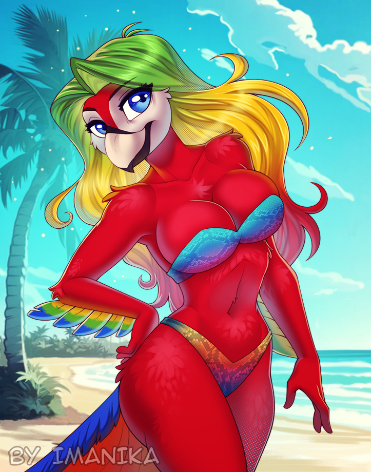 anthro beach beak big_breasts bikini blonde_hair blue_eyes breasts clothing feathers female green_hair hair hand_on_hip looking_at_viewer macar non-mammal_breasts outside palm_tree plant red_body red_feathers seaside smile solo swimwear tail tail_feathers tree tropical two-piece_swimsuit imanika ara_(genus) avian bird macaw neotropical_parrot parrot scarlet_macaw true_parrot