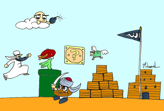 angry bomb building clothing cloud explosives flag group headdress humor jumping kerchief male melee_weapon parody racism religion robe sacrilegious shell shemagh sword teeth terrorism thawb turtle_shell weapon what why window wings xenophobia mohamed_(artist) mario_bros nintendo muhammad goomba human koopa koopa_paratroopa koopa_troopa lakitu lakitu's_cloud mammal primate reptile scalie 2017 digital_media_(artwork)