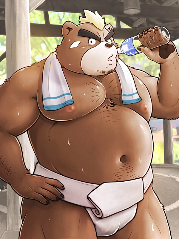 anthro asian_clothing belly big_belly bottle brown_body clothing container detailed_background east_asian_clothing humanoid_hands japanese_clothing kemono male mawashi moobs navel nipples outside overweight overweight_male solo sumo sumo_ring sumo_wrestling towel towel_around_neck water_bottle kemokemumaki lifewonders tokyo_afterschool_summoners ashigara_(tas) bear mammal 2023 3:4