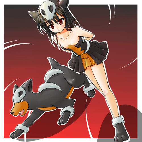 alternate_species black_hair clothing costume dress duo female feral hair humanoidized pokemon_costume pokemorph red_eyes ranphafranboise nintendo pokemon animal_humanoid canid canine generation_2_pokemon houndour humanoid mammal pokemon_(species) pokemon_humanoid 1:1 low_res