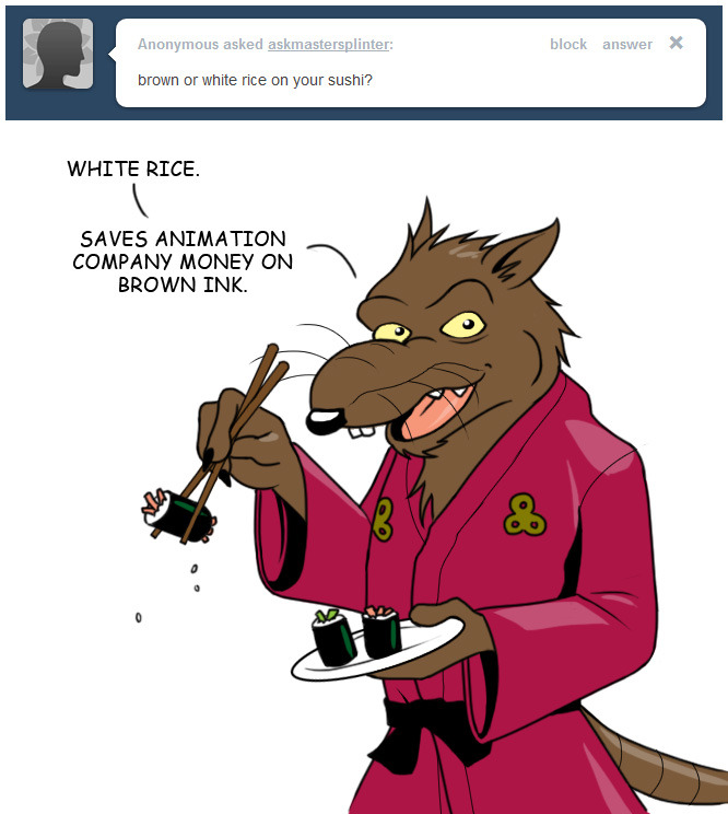 anthro breaking_the_fourth_wall chopsticks food humor looking_at_viewer male plate smile solo sushi text tumblr_ask anti_dev teenage_mutant_ninja_turtles teenage_mutant_ninja_turtles_(1987) master_splinter mammal murid murine rat rodent english_text