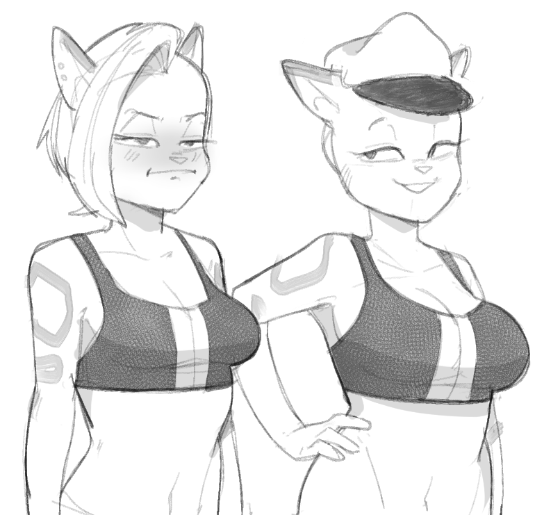 age_difference anthro bent_arm big_breasts biped blush blush_lines bra breast_envy breast_size_difference breasts cleavage clothed clothing curved_eyebrows curvy_figure duo ear_piercing ear_stud extended_arm eyebrows eyelashes eyelids female fingers fur hair half-closed_eyes hand_on_hip hand_on_own_hip hat headgear headwear heavy_blush humanoid_hands looking_at_another looking_at_partner markings medium_breasts mouth_closed narrowed_eyes older_female piercing pointy_ears prick_ears shadow short_hair side_cut small_nose smile smiling_at_another smiling_at_partner sports_bra spots spotted_arms spotted_body spotted_fur square_crossover three-quarter_view topwear underwear younger_female dbaru sports_bra_difference_meme supermansion bureaucat_cooch cooch_(supermansion) domestic_cat felid feline felis mammal 2023 digital_drawing_(artwork) digital_media_(artwork) half-length_portrait meme monochrome portrait