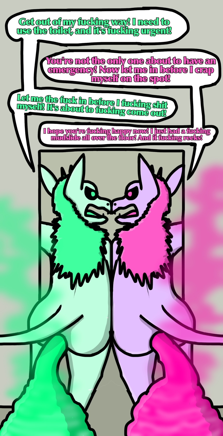 anthro argument bathroom colored_feces duo feces feces_pile female fur green_body green_feces green_fur pink_body pink_feces pink_fur pooping public_restroom restroom_stall text unusual_feces pixel-v abby_(pixel-v) paisley_(pixel-v) dutch_angel_dragon english_text hi_res