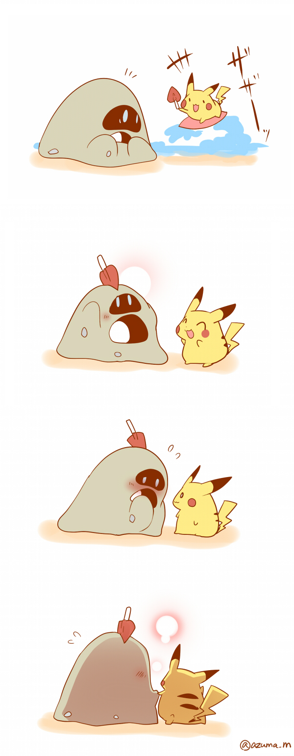 ambiguous_gender blush duo open_mouth sand simple_background surf surfboard trowel vehicle watercraft white_background azuma_minatsu nintendo pokemon elemental_creature generation_1_pokemon generation_7_pokemon mineral_fauna pikachu pokemon_(species) sand_creature sandygast 2016 comic hi_res