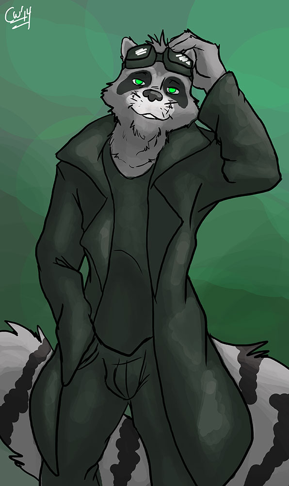 anthro biped clothing coat eyewear fluffy fluffy_tail fur gaze goggles green_eyes grey_body grey_fur looking_at_viewer male smile smirk solo standing tail topwear trenchcoat cameronwolfe lukas mammal procyonid raccoon