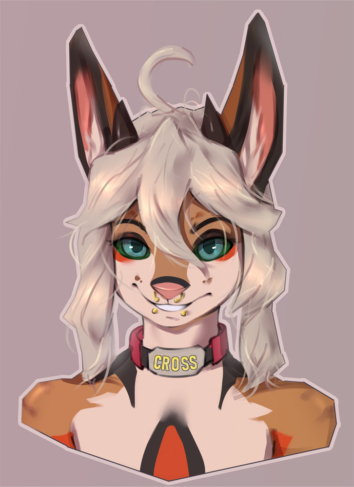 anthro collar facial_piercing lip_piercing male nose_piercing piercing simple_background smile solo welive canid canine fennec_fox fox mammal true_fox