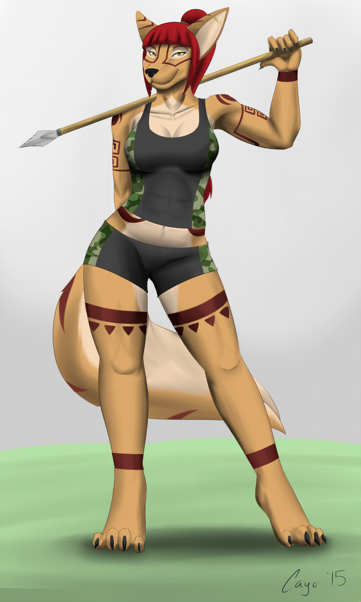 5_fingers abs anthro biped bottomwear breasts cleavage clothed clothing ear_piercing female fingers hair industrial_piercing markings melee_weapon midriff navel piercing polearm ponytail pose red_hair shirt shorts smile solo spear standing tattoo topwear tribal tribal_markings weapon yellow_eyes cayo malani canid canine canis coyote mammal 2015 hi_res