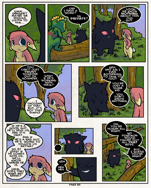 anthro dialogue female forest fur grass male outside pink_body pink_fur plant river speech_bubble text tree sulfurbunny_(artist) nintendo pokemon pokemon_victory_fire jen_(vf) audino generation_1_pokemon generation_3_pokemon generation_5_pokemon gengar kecleon pokemon_(species) 4:5 comic digital_media_(artwork) english_text microsoft_paint_(artwork)