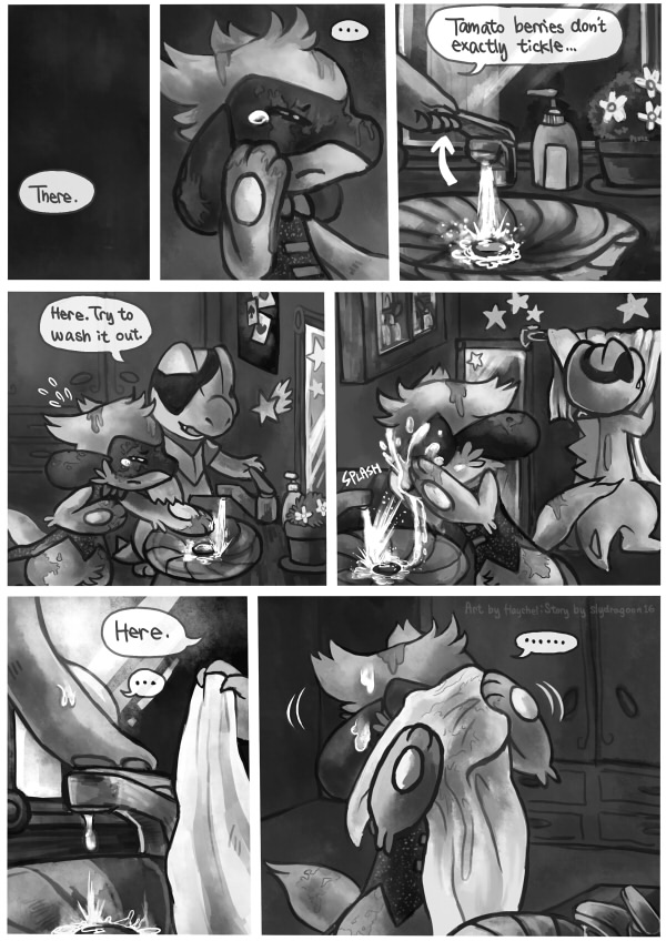 anthro bodily_fluids crying dialogue duo male semi-anthro tears text towel water haychel slydragoon16 nintendo pokemon pokemon_mystery_dungeon spike_chunsoft leon_(haychel) vagus_(haychel) canid canine generation_2_pokemon generation_4_pokemon mammal pokemon_(species) riolu totodile comic digital_media_(artwork) english_text greyscale monochrome