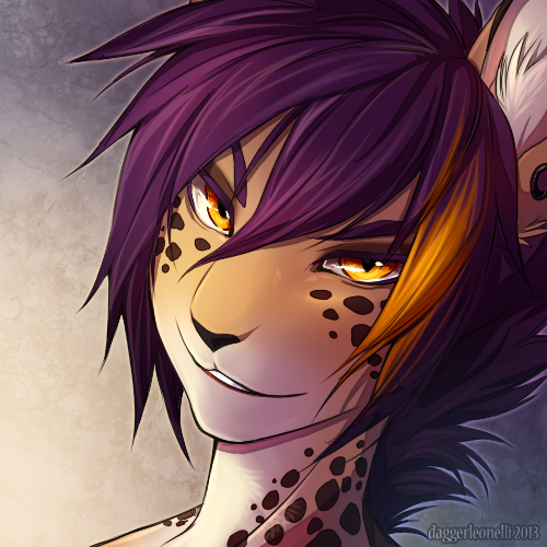 amber_eyes ambiguous_gender anthro ear_piercing hair looking_at_viewer piercing purple_hair solo dagger_leonelli reyne cheetah felid feline mammal 1:1 2013 icon low_res