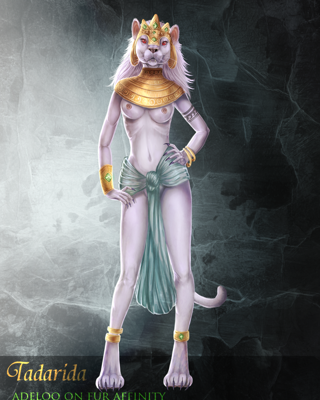 4_toes anklet anthro areola biped bottomwear bracelet breasts claws clothing feet female fur hair headpiece jewelry loincloth looking_at_viewer nipples pupils red_eyes slit_pupils solo standing tattoo text toes adeloo felid lion mammal pantherine 4:5 english_text