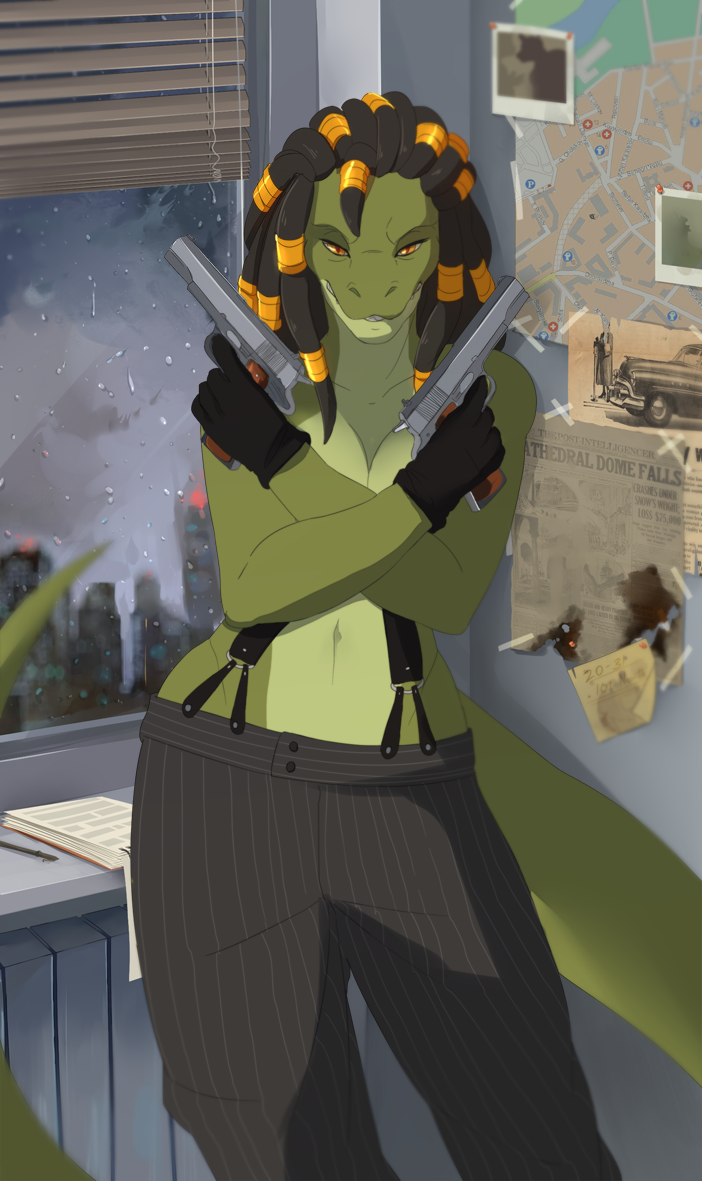 anthro clothed clothing dreadlocks female gun handgun inside looking_at_viewer m1911 pistol ranged_weapon smile solo standing suspenders topless weapon wide_hips fjorge zynn crocodile crocodilian reptile scalie