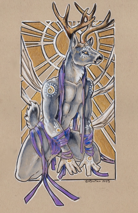 anthro antlers black_body black_fur empty_eyes fur grey_body grey_fur horn male markings nude pecs ribbon_only solo tribal tribal_markings white_body white_fur yellow_eyes heather_bruton deer mammal 2023