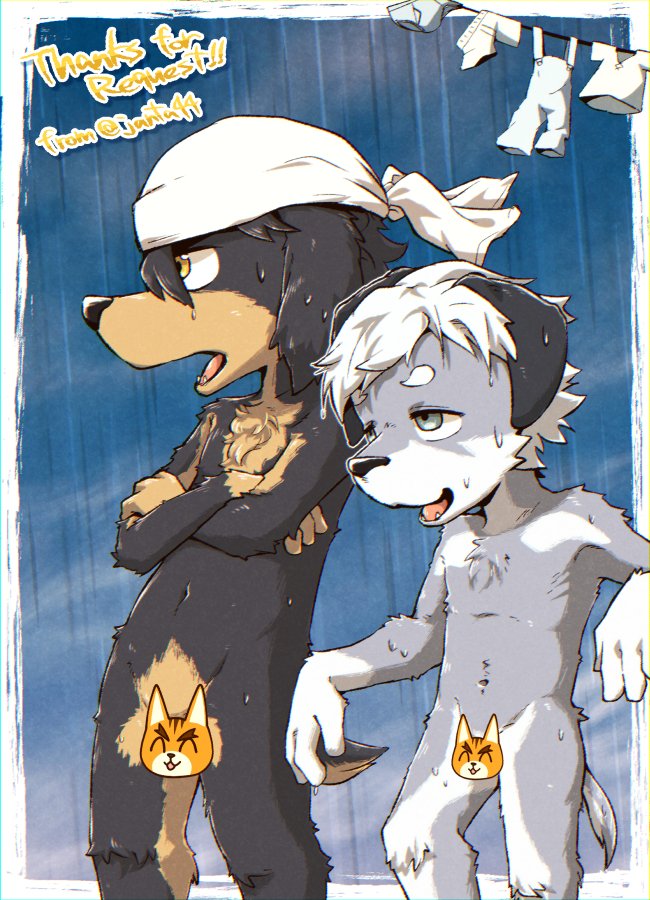 anthro blue_eyes brown_body brown_fur crossed_arms duo floppy_ears fur grey_body grey_fur hair kerchief male male/male nude white_hair yellow_eyes young janta44 cyberconnect2 fuga:_melodies_of_steel little_tail_bronx britz_strudel jin_macchiato basset_hound canid canine caninu canis dobermann domestic_dog hunting_dog mammal pinscher scent_hound 2024 censored