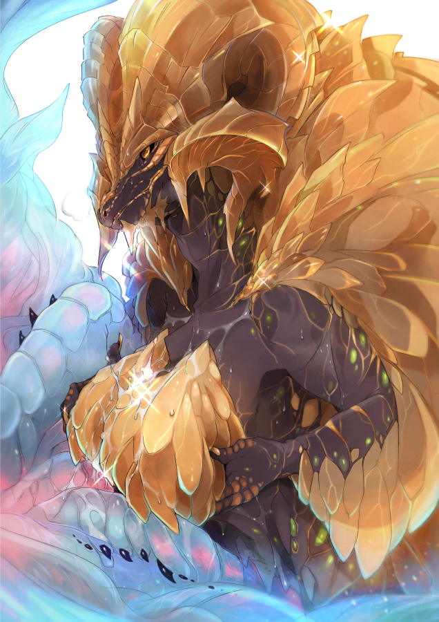 ambiguous_gender anthro anthrofied bodily_fluids breast_play breasts cum cum_on_breasts duo female genital_fluids genitals male penis sex titfuck de_ktgr capcom monster_hunter elder_dragon kulve_taroth monster scalie xeno'jiiva digital_media_(artwork)