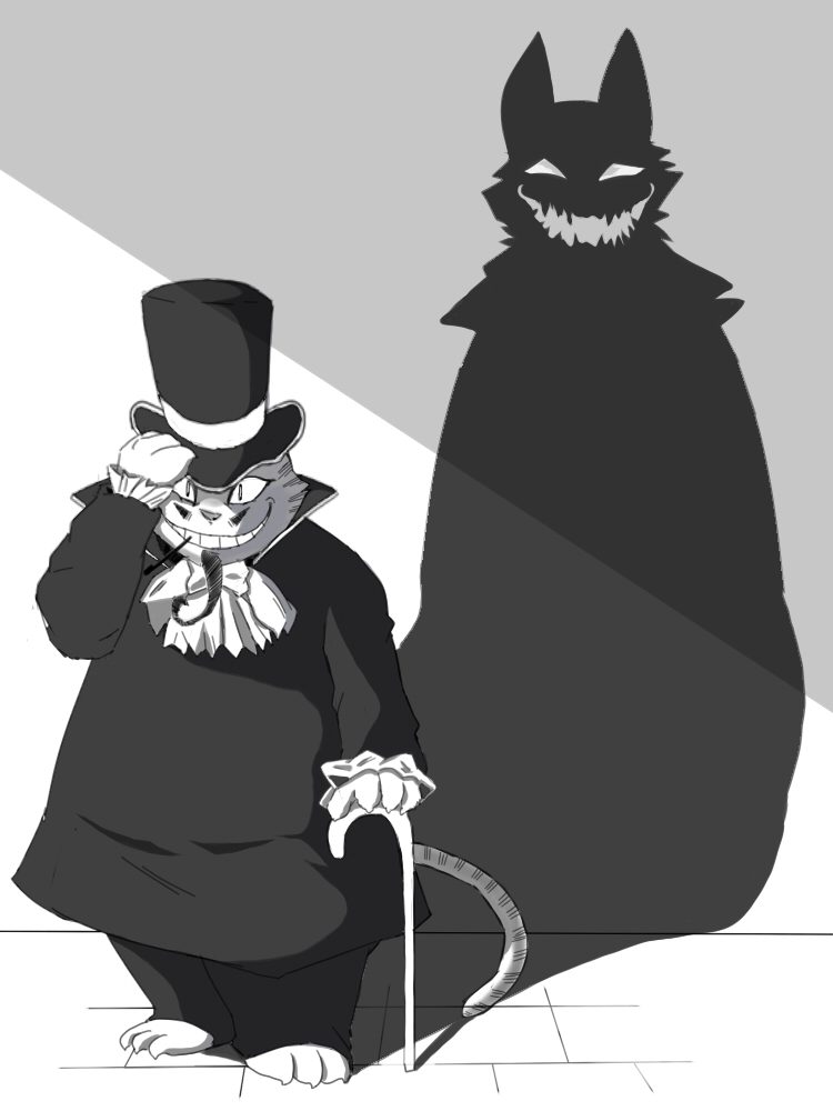 altered_shadow anthro barefoot biped cane classy clothed clothing cravat duality facial_hair feet frilly front_view fully_clothed grin hat headgear headwear male mustache shadow slightly_chubby smile solo tail top_hat hysk domestic_cat felid feline felis mammal 3:4 digital_media_(artwork) full-length_portrait portrait