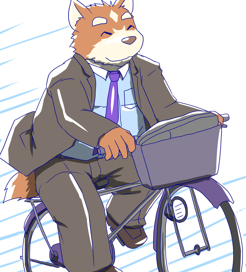 anthro bicycle bottomwear clothing cycling eyes_closed humanoid_hands kemono male necktie pants shirt sitting slightly_chubby solo topwear vehicle misterdonn canid canine canis domestic_dog mammal 2016