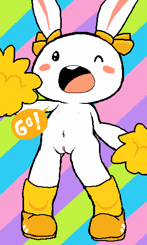 exclamation_point female genitals mostly_nude navel nipples one_eye_closed open_mouth pussy rainbow_background simple_background solo wink tatwuyan go_morse_go! samantha_(go_morse_go!) lagomorph leporid mammal rabbit 2018 3:5 low_res