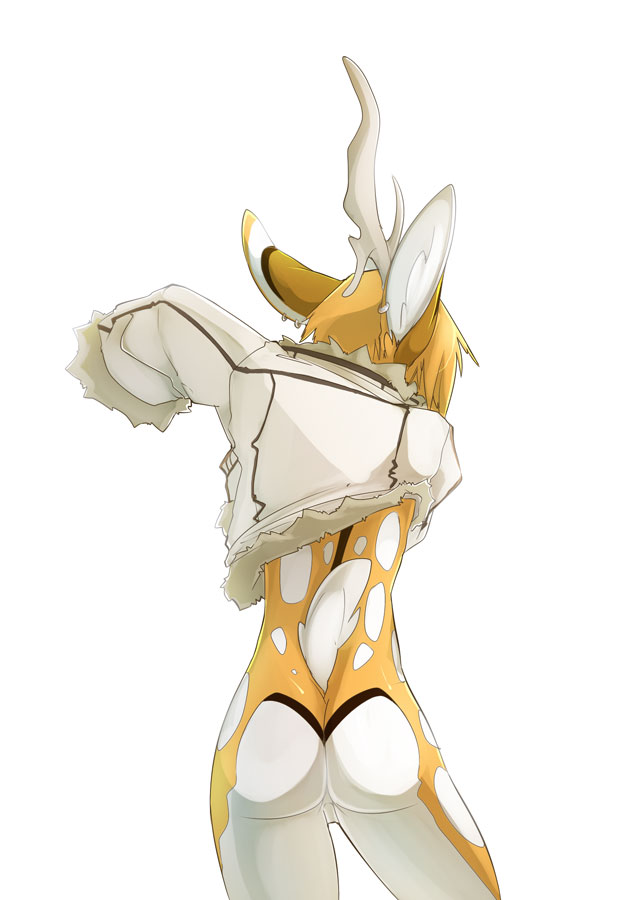 anthro antlers biped blonde_hair bottomless brown_body brown_ears brown_fur butt clothed clothing ear_piercing fur hair hooves horn jacket male markings missing_horn multicolored_ears partially_clothed piercing simple_background solo spots spotted_body spotted_fur standing tail topwear white_background white_body white_clothing white_ears white_fur white_tail peritian edhel deer mammal