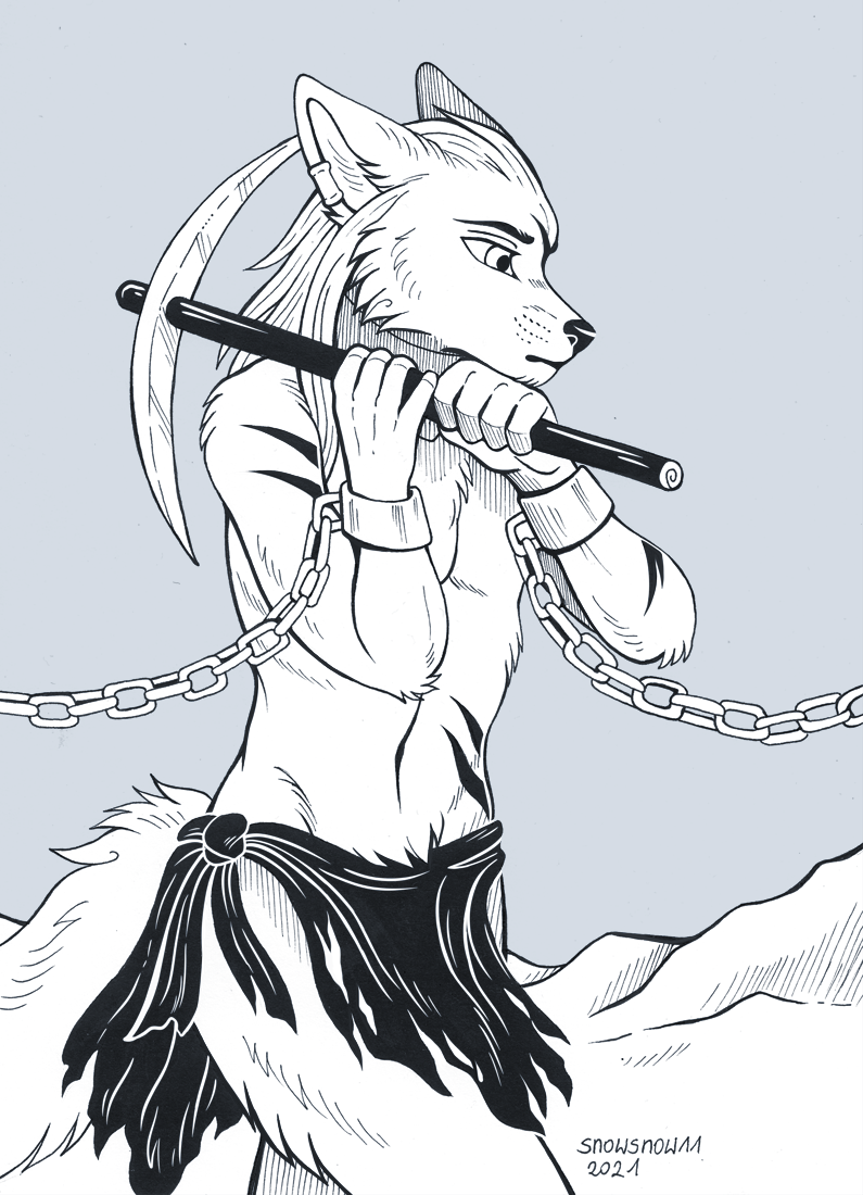 5_fingers anthro bottomwear bound chain clothed clothing cuff_(restraint) ear_piercing fingers fur hair holding_pickaxe humanoid_hands loincloth male pickaxe piercing restraints shackled shackles slave solo topless topless_male snowsnow11 caelum_(skythe) canid canine canis coyote coywolf hybrid mammal wolf 2021 black_and_white monochrome signature sketch