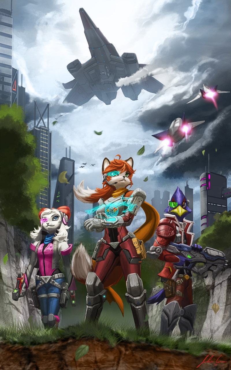 anthro armor city city_background female group holographic_display male plant science_fiction spacecraft tree trio vehicle weapon jecbrush nintendo star_fox falco_lombardi fan_character fay_(star_fox) nora_leslie canid canine fox mammal 2011 hi_res