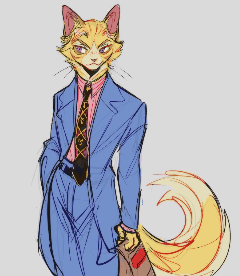 alternate_species anthro clothed clothing fully_clothed furrification looking_away male necktie purple_eyes smile solo suit yellow_body meow286 jojo's_bizarre_adventure yoshikage_kira domestic_cat felid feline felis mammal 2022