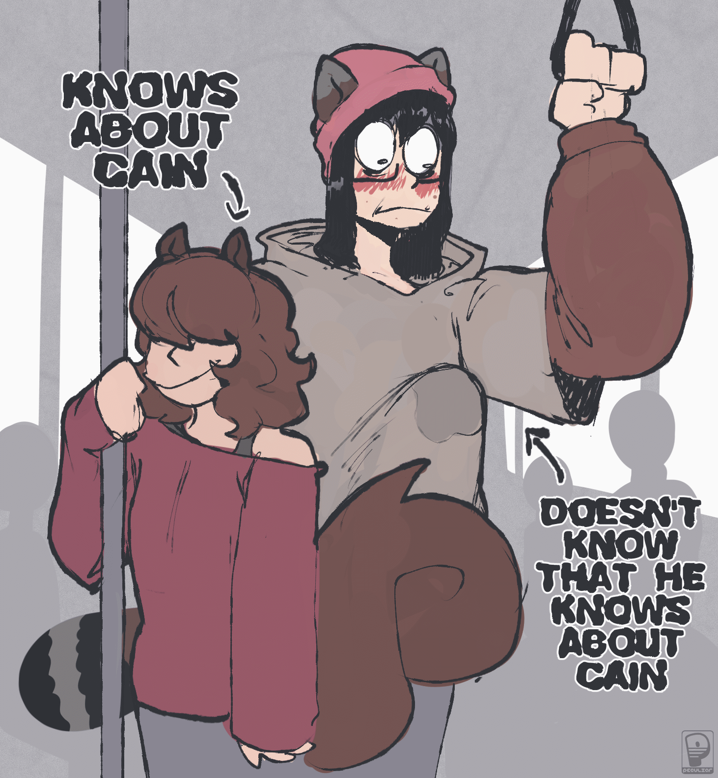 anthro big_bulge big_penis bodily_fluids bulge clothing duo erection femboy genital_fluids genitals hair hair_over_eye hat headgear headwear hoodie huge_bulge hyper hyper_bulge long_hair male male_focus penis precum precum_through_clothing public smile squigglevision tail text topwear train vehicle wet wet_clothing peculiart noah_(peculiart) stacy_(peculiart) mammal procyonid raccoon rodent sciurid tree_squirrel 2024 animated english_text hi_res loop short_playtime watermark
