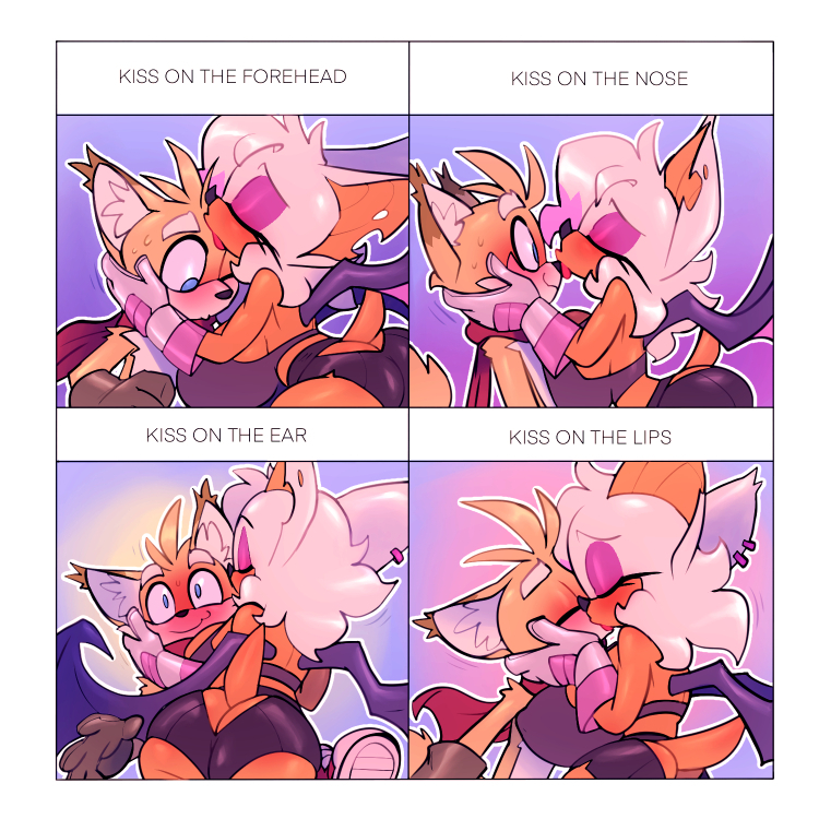 anthro big_breasts blush border breasts butt butt_cleavage duo ear_kiss ear_piercing ear_ring eyes_closed female forehead_kiss kiss_on_lips kissing male male/female nose_kiss piercing ring_piercing white_border wings bigdad sega sonic_the_hedgehog_(series) miles_prower rouge_the_bat bat canid canine fox mammal 1:1 2022 digital_media_(artwork)