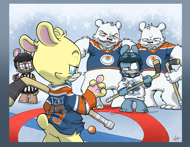 anthro bottomless clothed clothing gesture group hand_gesture hockey hockey_stick looking_back male middle_finger shirt smile sport surrounded topwear uhoh alison_acton bear_nuts gay_bear gimp_bear lech_bear the_polars bear mammal polar_bear ursine cool_colors