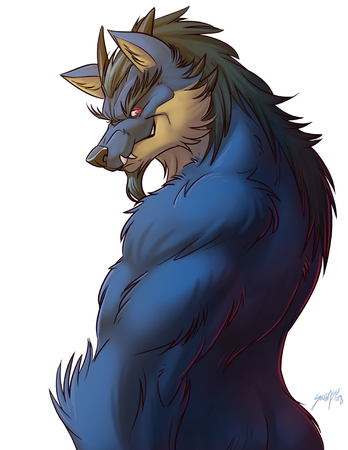 anthro beard black_hair blue_body blue_fur facial_hair fur glowing glowing_eyes hair looking_aside looking_at_viewer male muscular muscular_anthro muscular_male nude red_eyes side_view simple_background smile solo white_background solidasp canid canine canis mammal wolf 2008