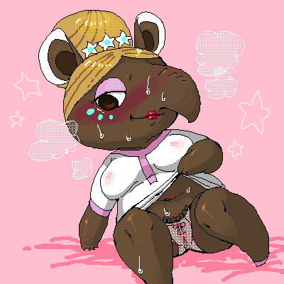 anthro blush bodily_fluids clothing female hair hair_bun lipstick makeup panties red_lipstick slightly_chubby solo sweat trunk underwear denmoko animal_crossing nintendo luna_(animal_crossing) mammal tapir 1:1 low_res