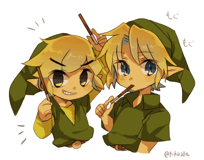 belt blonde_hair blue_eyes clothing duo eating food hair hat headgear headwear humanoid_pointy_ears light_body light_skin looking_at_viewer male not_furry pointy_ears shirt simple_background smile square_crossover topwear tunic tokuura nintendo ocarina_of_time pocky the_legend_of_zelda wind_waker toon_link young_link humanoid hylian signature