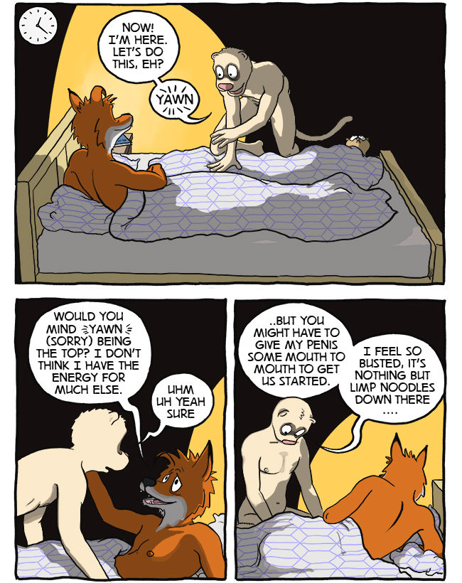 bed clock dialogue furniture going_to_sleep male male/male nipples nude open_mouth text yawn h.v.lukas maustown george_(maustown) peter_(maustown) canid canine fox mammal mustelid polecat_(mustelid) comic english_text