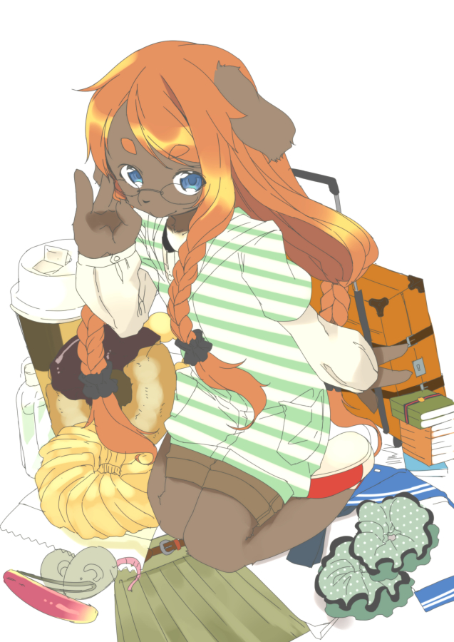 anthro blue_eyes brown_body brown_fur clothing eyewear female fur glasses hair kemono orange_hair solo young havemoon canid canine canis domestic_dog mammal