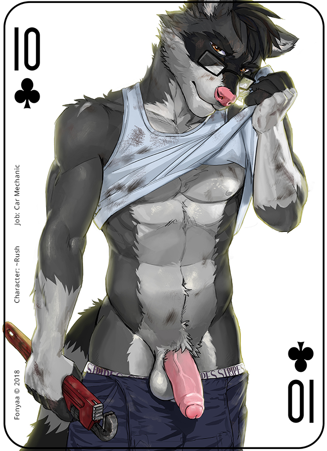 abs anthro balls biceps biped brown_eyes card card_template clothed clothing clothing_lift clubs_(suit) copyright_symbol eyewear foreskin fur genitals glasses grey_body grey_fur hair holding_object humanoid_genitalia humanoid_penis looking_at_viewer male mechanic muscular muscular_anthro muscular_male pecs penis playing_card playing_card_template shirt shirt_lift simple_background solo standing suit_symbol symbol ten_of_clubs text tools topwear white_background white_body white_fur fonyaa rush_(character) mammal procyonid raccoon 2018 digital_media_(artwork) english_text