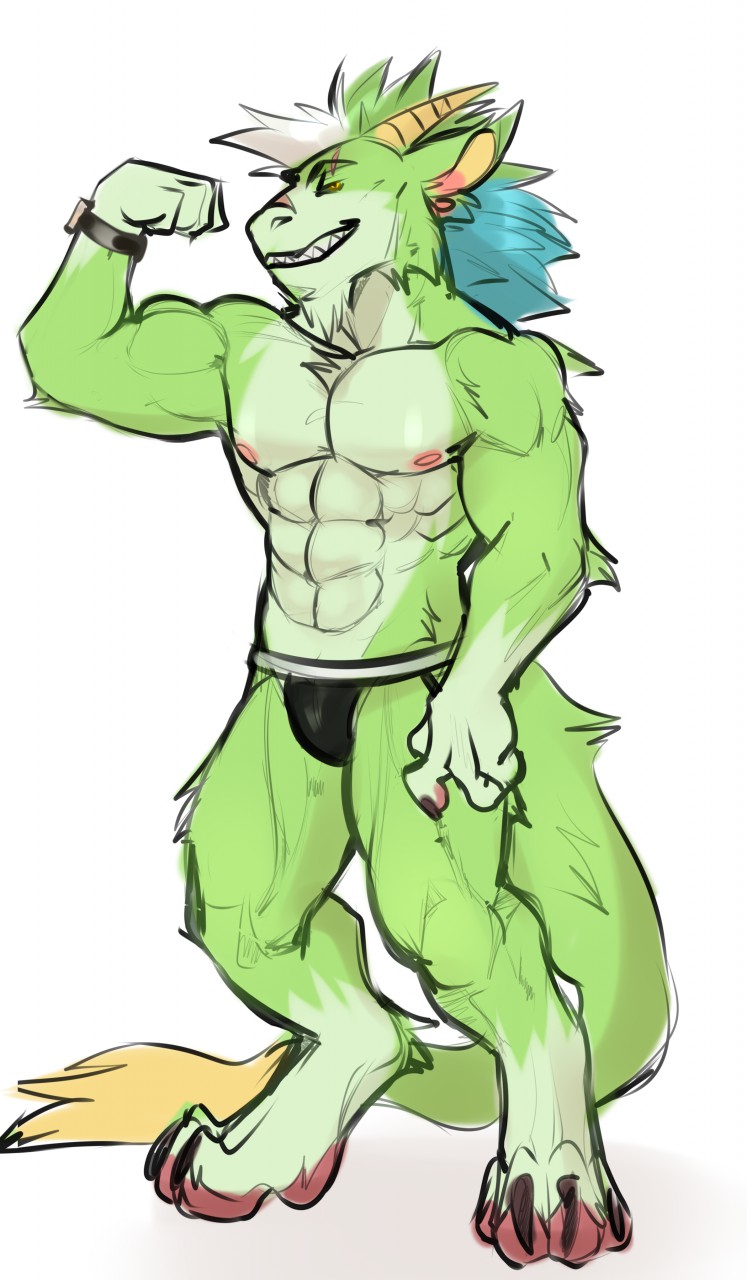 abs anthro bulge clock clothed clothing flexing flexing_bicep front_view fur green_body green_fur green_hair grin hair horn looking_at_viewer male muscular muscular_anthro muscular_male narrowed_eyes nipples pecs pose red_nipples simple_background smile solo standing tail tail_tuft teeth topless tuft unsigned watch white_background white_hair wristwatch yellow_eyes yellow_horn famir mythology famir_(character) dragon furred_dragon furred_scalie mythological_creature mythological_scalie scalie full-length_portrait hi_res portrait