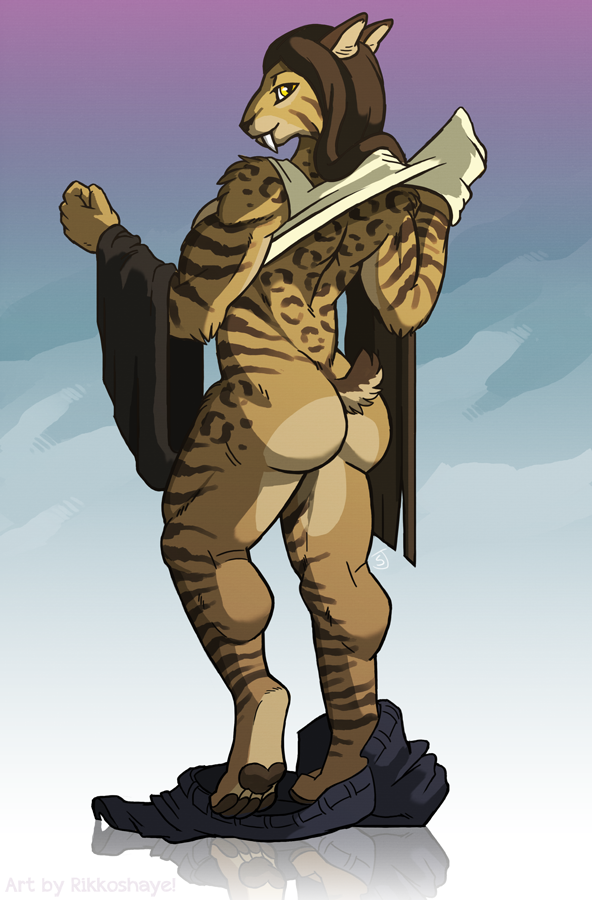 anthro bottomless butt clothed clothing female looking_at_viewer muscular muscular_anthro muscular_female simple_background solo undressing wooperworks felid mammal prehistoric_species saber-toothed_tiger changing_(disambiguation)