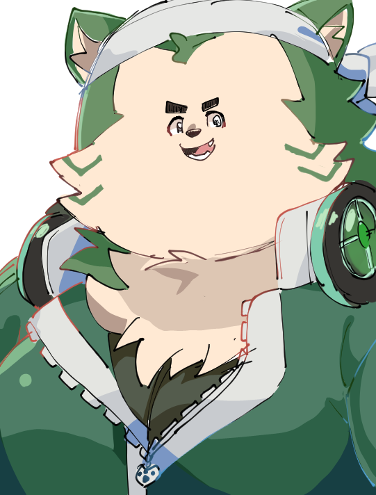 anthro clothing electronics eyebrows fur green_body green_fur headphones headphones_around_neck humor kerchief male shirt solo thick_eyebrows tiny_face topwear undershirt agemono lifewonders live_a_hero mokdai canid canine canis domestic_dog mammal